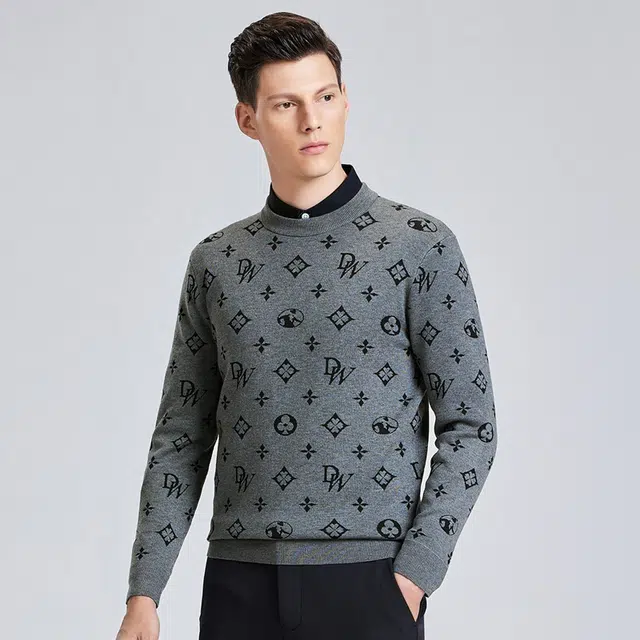 与狼共舞 潮流时尚百搭满印气质舒适透气休闲轻薄毛衣 男款