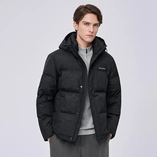 与狼共舞 抗寒防风高充绒垂感时尚满印字母潮流加高立领连帽户外休闲舒暖加厚面包羽绒服 男款