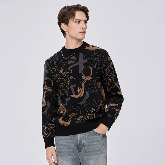 限定年品 与狼共舞 羊毛软糯亲肤时尚高街满印提花舒适圆领中长款针织毛衣 男款