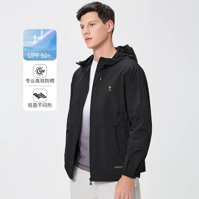 与狼共舞 透气简约宽松百搭舒适连帽纯色夹克外套 男款 黑色