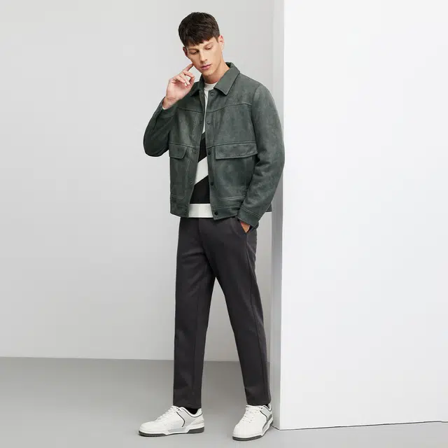 与狼共舞 纯色百搭潮流舒适翻领麂皮薄羽绒服 男款