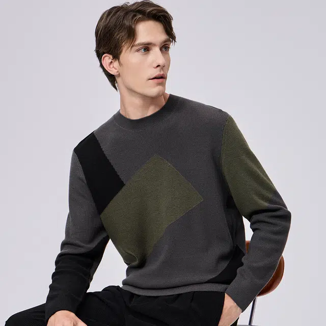 与狼共舞 羊毛亲肤超柔软高街时尚个性撞色拼接保暖舒适圆领套头毛衣 男款