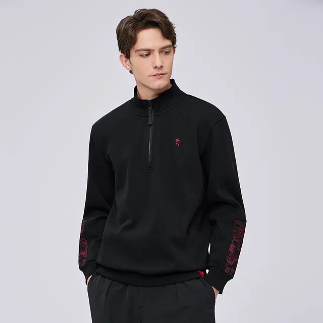 限定年品 与狼共舞 蓄热柔绒舒暖亲肤时尚国风臂花刺绣半开襟立领抗菌加厚卫衣 男款