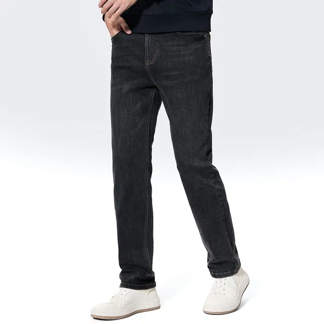 与狼共舞 羊毛天丝时尚褶皱水洗柔软弹力耐磨舒适直筒长裤牛仔裤 男款