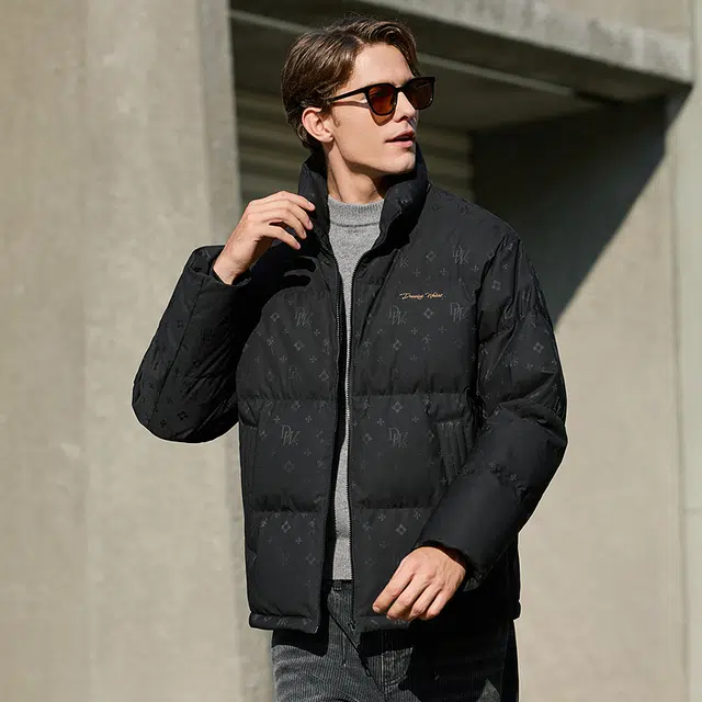 与狼共舞 黑金面包石墨烯蓄热锁温科技高充绒时尚高街个性潮流满印立领防风羽绒服 男款