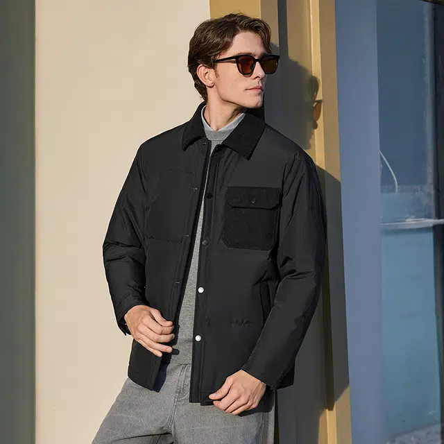 与狼共舞 石墨烯锁温蓄暖科技 灯芯绒拼接衬衫式时尚绗缝高充绒保暖轻工装翻领羽绒服 男款