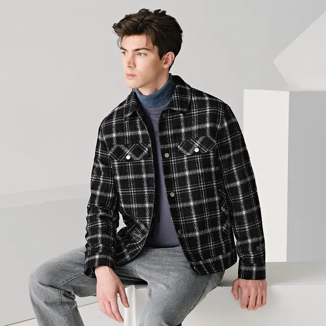 与狼共舞 百搭保暖翻领格纹夹克外套 男款 黑色