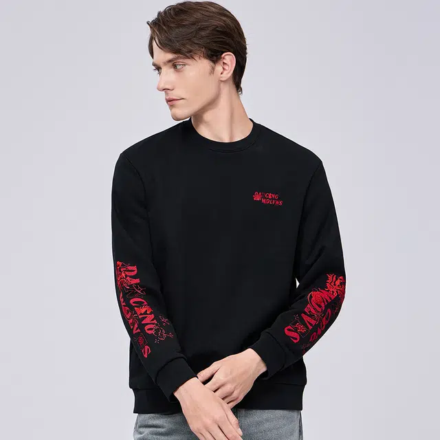 限定年品 与狼共舞 加绒重工刺绣满印亲肤柔软时尚舒适弹力圆领卫衣 男款