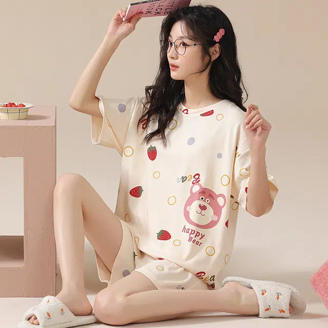 欧迪芬 休闲宽松圆领短袖松紧腰短裤睡衣套装 女款 白色