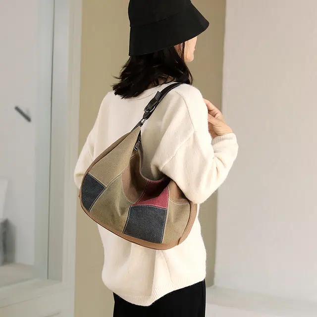 尊梵 大容量包女大学生多用拼色女士通用 帆布 单肩包 中号 女款 灰色/棕色