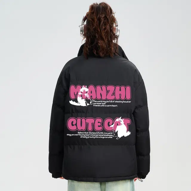 棉致 加厚保暖趣味猫咪多巴胺字母印花宽松立领面包棉服 男女同款