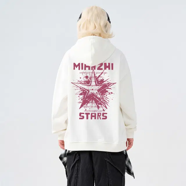 棉致 美式高街手绘泼墨涂鸦星星字母印花宽松休闲通勤百搭落肩套头连帽长袖卫衣 男女同款