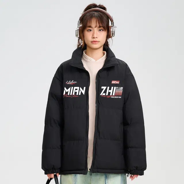棉致 美式复古高街赛车风字母印花宽松休闲户外通勤加厚保暖棉衣面包棉服 男女同款