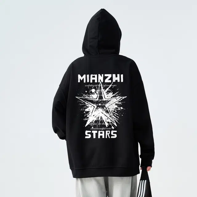 棉致 美式高街手绘泼墨涂鸦星星字母印花宽松休闲通勤百搭落肩套头连帽长袖卫衣 男女同款