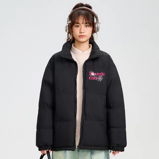 棉致 美式高街蜘蛛蛛网哥特字母印花宽松休闲户外通勤加厚保暖棉衣立领面包棉服 男女同款