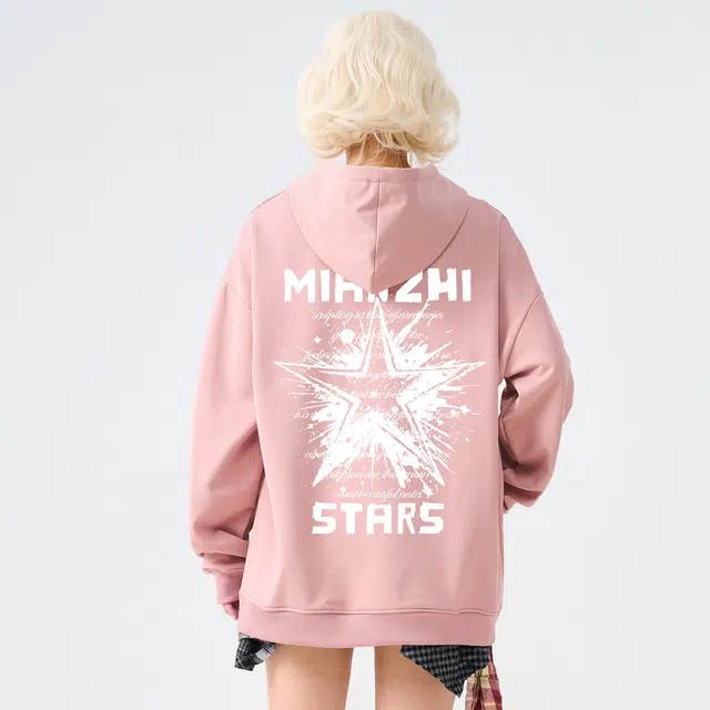 棉致 美式高街手绘泼墨涂鸦星星字母印花宽松休闲通勤百搭落肩套头连帽长袖卫衣 男女同款