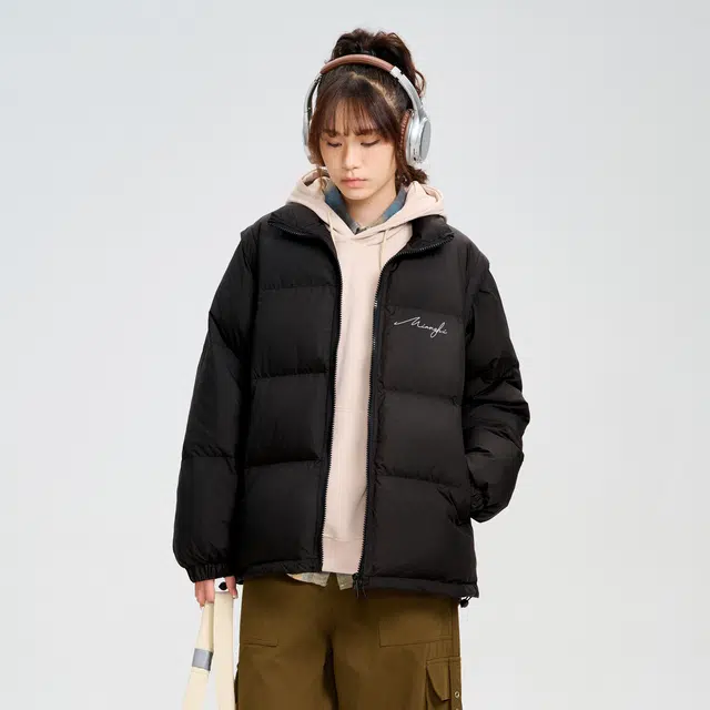 棉致 加厚保暖防寒可脱卸袖子个性花体签名字母印花宽松休闲立领面包羽绒服 男女同款