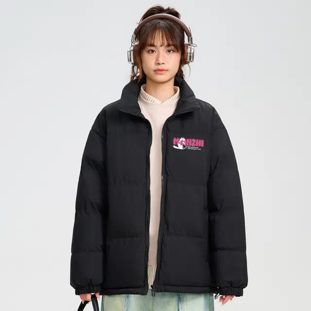 棉致 加厚保暖趣味猫咪多巴胺字母印花宽松立领面包棉服 男女同款