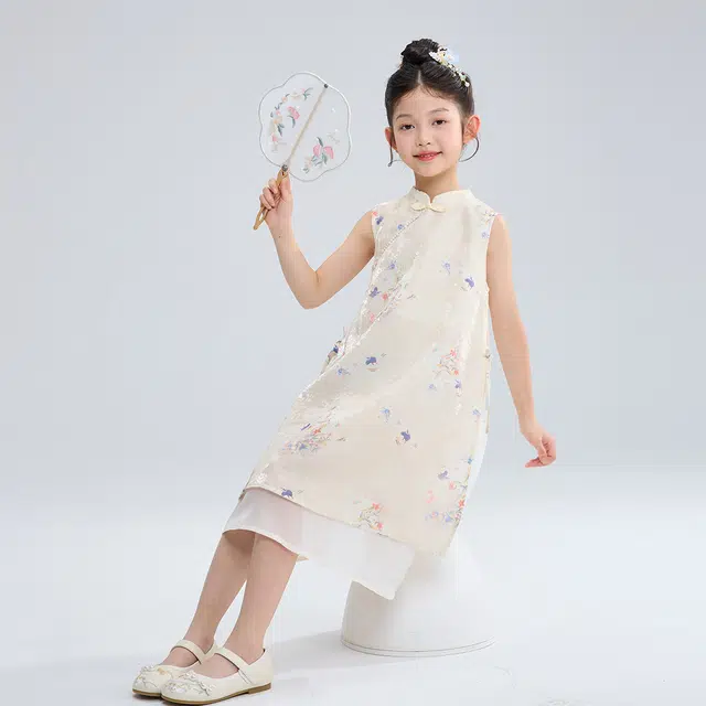 棉致 简约立领套头百搭无袖儿童连衣裙 中童