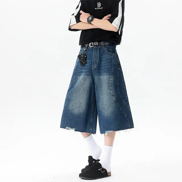 美式复古高街风水洗做旧拼接设计感宽松百搭七分裤牛仔短裤 男女同款