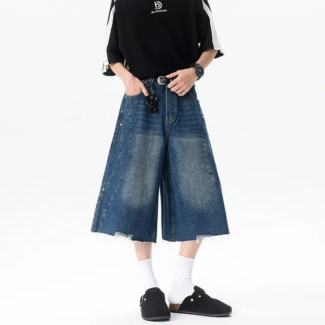 美式复古高街风水洗做旧拼接设计感宽松百搭七分裤牛仔短裤 男女同款