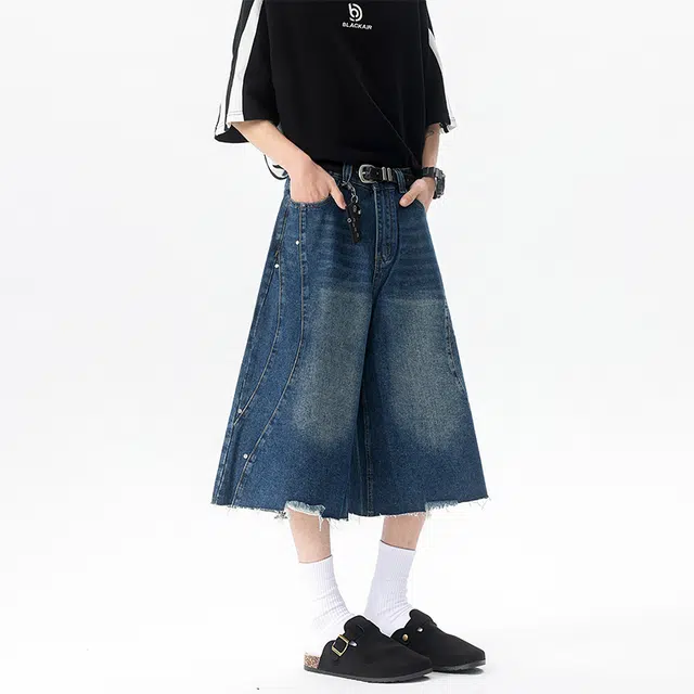 美式复古高街风水洗做旧拼接设计感宽松百搭七分裤牛仔短裤 男女同款