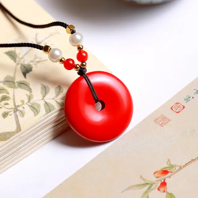 梨云暮雪 【平安好运来】 中国红平安扣  高级设计手工编绳 平安 紫金砂帝王砂 朱砂 项链 男女同款情侣款