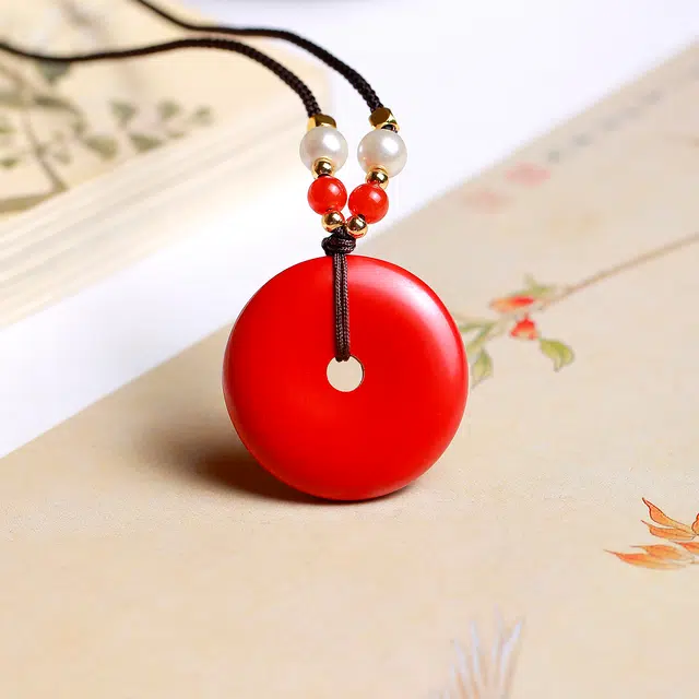 梨云暮雪 【平安好运来】 中国红平安扣  高级设计手工编绳 平安 紫金砂帝王砂 朱砂 项链 男女同款情侣款