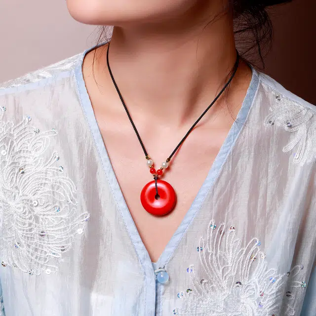 梨云暮雪 【平安好运来】 中国红平安扣  高级设计手工编绳 平安 紫金砂帝王砂 朱砂 项链 男女同款情侣款