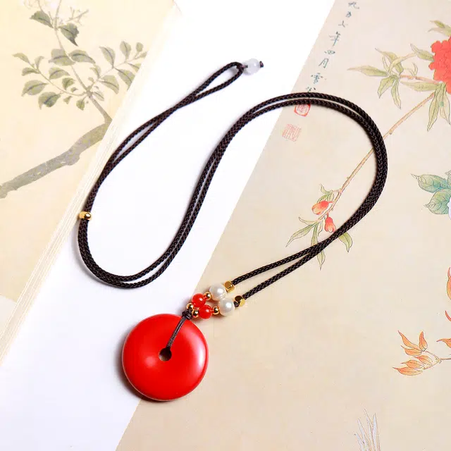 梨云暮雪 【平安好运来】 中国红平安扣  高级设计手工编绳 平安 紫金砂帝王砂 朱砂 项链 男女同款情侣款