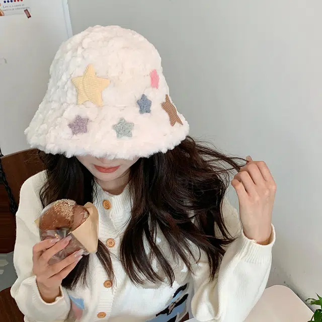 木林森 星星渔夫帽女毛绒保暖奶呼呼甜美可爱毛线帽学生显脸小穿搭盆帽 棉 围巾 男女同款情侣款