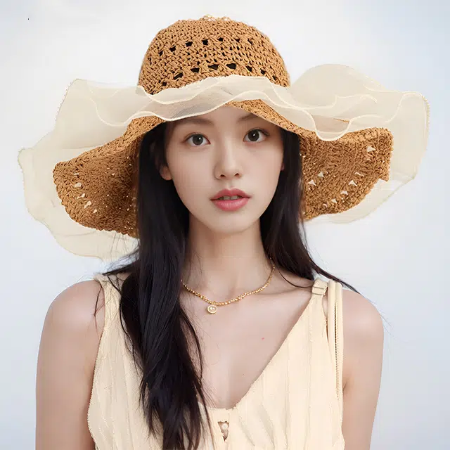 木林森 法式蕾丝边 夏季海边沙滩度假旅游镂空遮阳帽 聚酰胺纤维 渔夫帽 女款