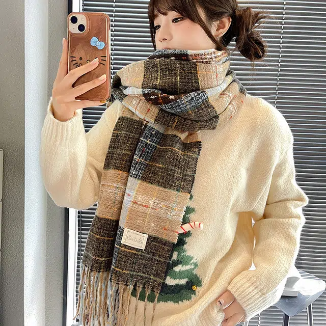 木林森 满目星河潮流彩色格子流苏围巾秋冬加厚保暖撞色格纹披肩学生潮流气质百搭高级感围脖 围巾 男女同款情侣款