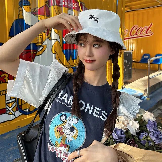 木林森 正反双面戴满印小熊字母刺绣 棉 渔夫帽 男女同款情侣款