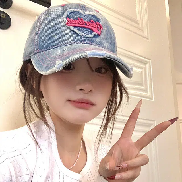 木林森 春夏季爱心水洗做旧牛仔刺绣棒球户外出行甜酷辣妹防晒遮阳时尚潮流百搭大头围显脸小 棉 鸭舌帽 男女同款情侣款