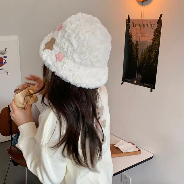 木林森 星星渔夫帽女毛绒保暖奶呼呼甜美可爱毛线帽学生显脸小穿搭盆帽 棉 围巾 男女同款情侣款
