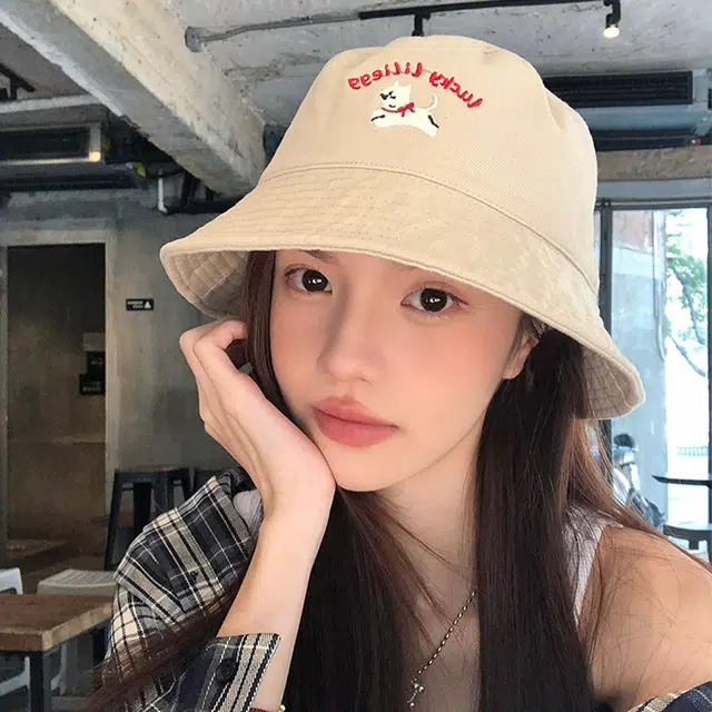 木林森 可爱小狗刺绣宽檐软顶户外出行遮阳运动风时尚潮流百搭大头围显脸小 棉 渔夫帽 男女同款情侣款