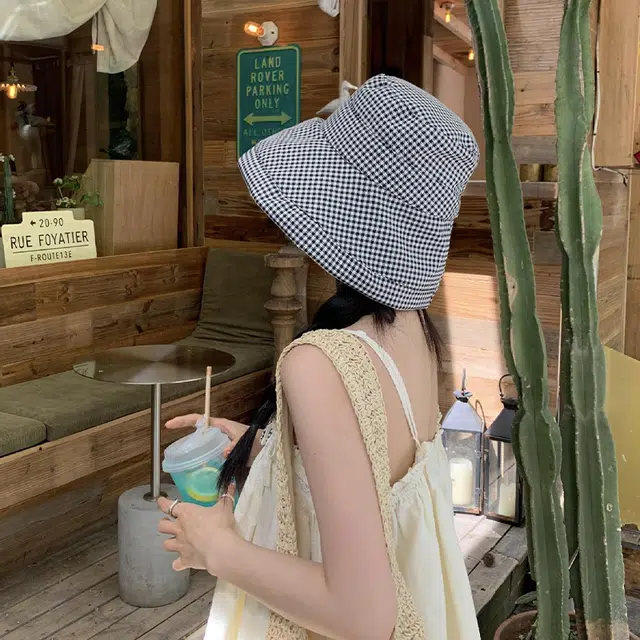 木林森 户外小香风黑白格子大檐遮脸显脸小出街甜美防晒遮阳防紫外线 棉 渔夫帽 男女同款情侣款