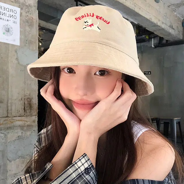 木林森 可爱小狗刺绣宽檐软顶户外出行遮阳运动风时尚潮流百搭大头围显脸小 棉 渔夫帽 男女同款情侣款