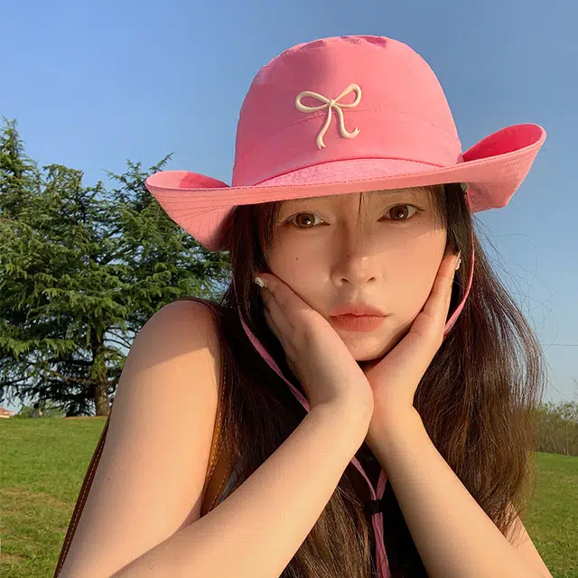 木林森 大檐甜美蝴蝶结速干遮阳防晒盆帽韩版户外出游登山帽 棉 渔夫帽 女款