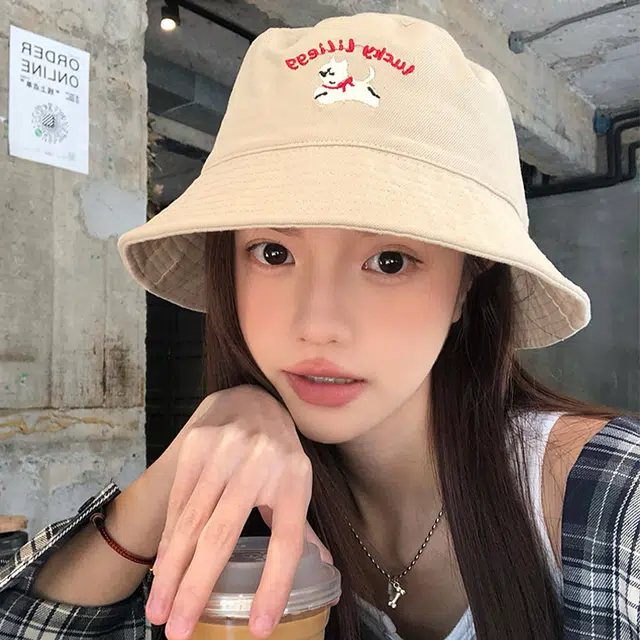 木林森 可爱小狗刺绣宽檐软顶户外出行遮阳运动风时尚潮流百搭大头围显脸小 棉 渔夫帽 男女同款情侣款