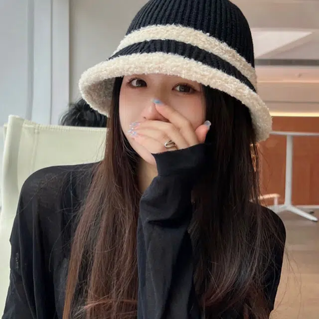 木林森 雪尼尔保暖毛线帽秋冬韩版撞色喷盆帽潮流百搭针织日系渔夫帽毛绒保暖绒线帽 棉 帽子 女款
