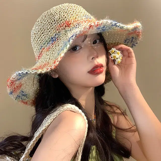 木林森 彩虹色编织草帽海边度假遮阳防晒透气镂空大帽檐显脸小 草编 渔夫帽 男女同款情侣款