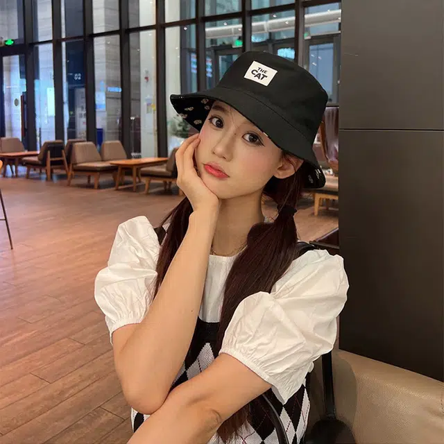 木林森 正反双面戴满印可爱猫咪夏季出游遮阳韩版原宿字母布标 棉涤 渔夫帽 男女同款情侣款