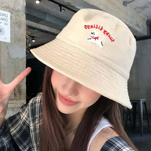 木林森 可爱小狗刺绣宽檐软顶户外出行遮阳运动风时尚潮流百搭大头围显脸小 棉 渔夫帽 男女同款情侣款