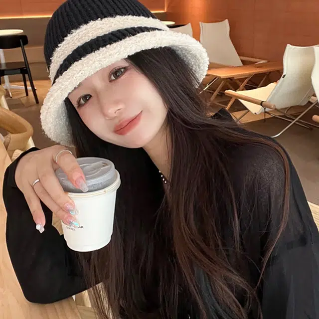 木林森 雪尼尔保暖毛线帽秋冬韩版撞色喷盆帽潮流百搭针织日系渔夫帽毛绒保暖绒线帽 棉 帽子 女款