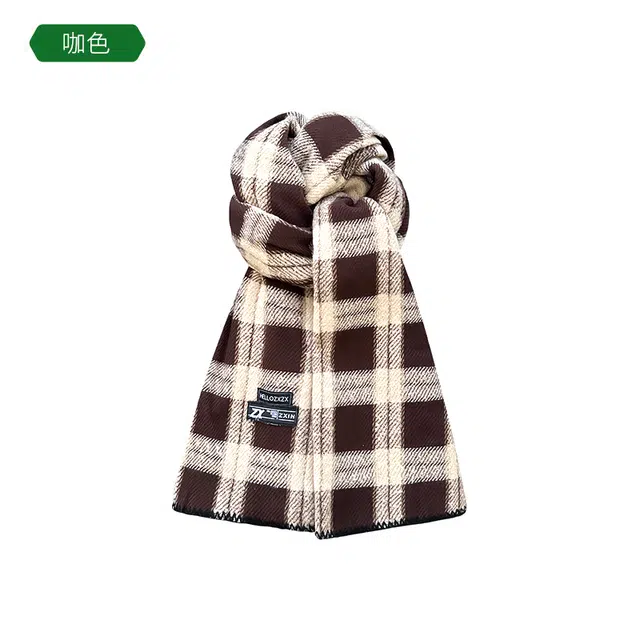 木林森 日系复古棕色高级感格子围脖 冬季加厚保暖百搭  绒线围巾 男女同款情侣款