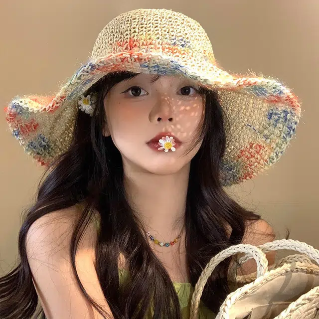 木林森 彩虹色编织草帽海边度假遮阳防晒透气镂空大帽檐显脸小 草编 渔夫帽 男女同款情侣款