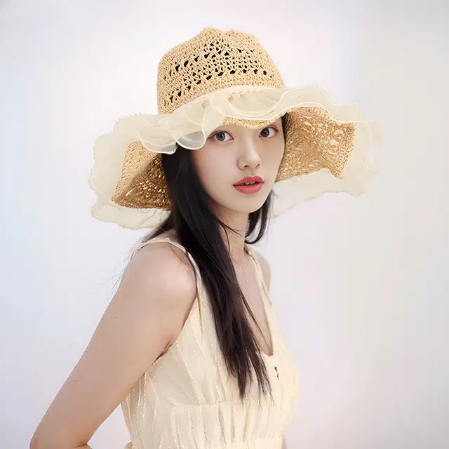 木林森 法式蕾丝边 夏季海边沙滩度假旅游镂空遮阳帽 聚酰胺纤维 渔夫帽 女款
