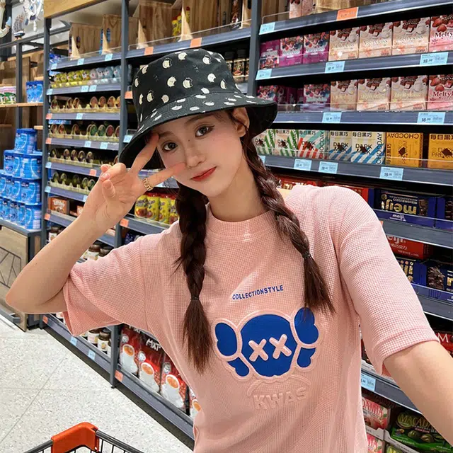 木林森 正反双面戴满印可爱猫咪夏季出游遮阳韩版原宿字母布标 棉涤 渔夫帽 男女同款情侣款